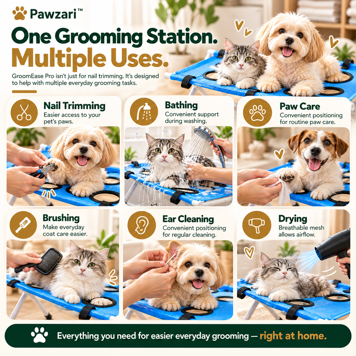 Pawzari™ GroomEase Pro — Foldable Pet Grooming Station