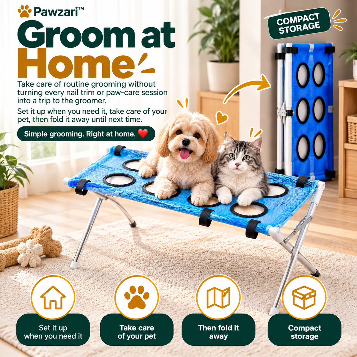 Pawzari™ GroomEase Pro — Foldable Pet Grooming Station